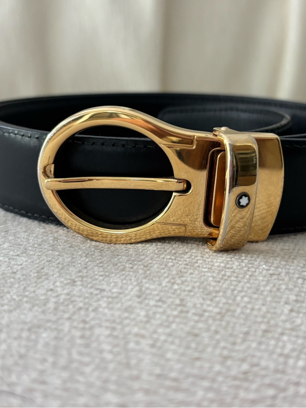 Montblanc Black Leather Belt with Gold-Tone Buckle Unisex